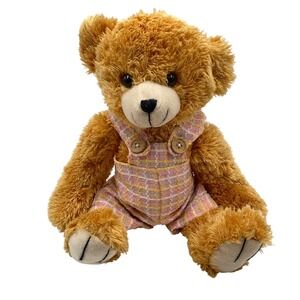 King Plush Teddy Bear Plush Stuffed Animal 2002 Toy Pink Plaid Overalls Cute 11"